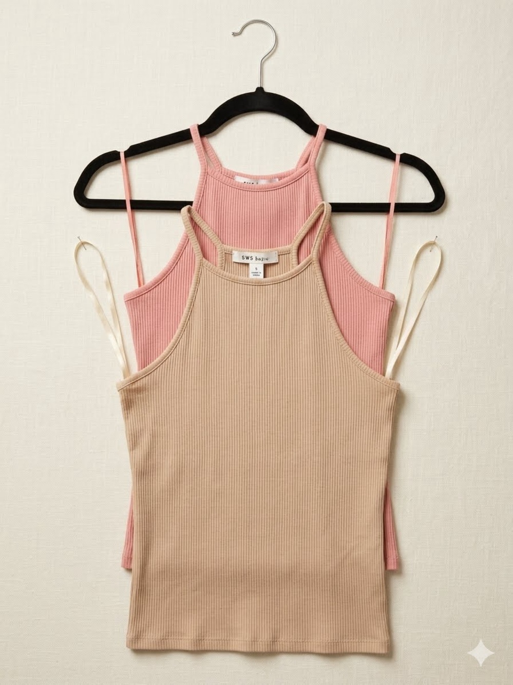 SWS Ribbed High-Neck Tank Top — Pink & Beige